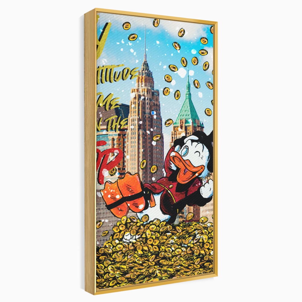 Tablou canvas cu tablou canvas cu scrooge mcduck pe munte de bani, in rama de aluminiu auriu